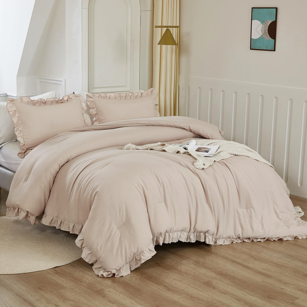 Litanika King Comforter Set Khaki, 3 Pieces Ruffle Farmhouse Aesthetic Bedding Comforter Set, Lightweight Fluffy Microfiber Bed