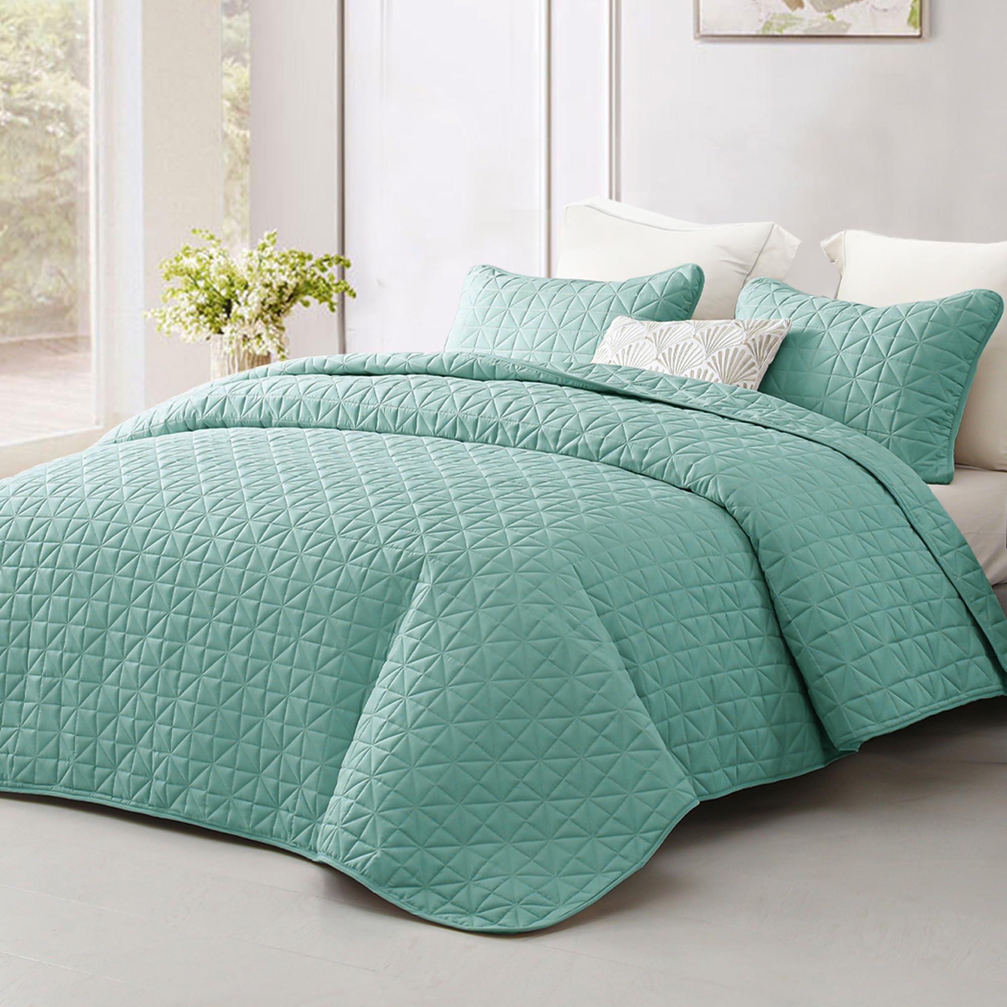 Exclusivo Mezcla Quilts King Size Bedding Set With Stitched Grid Pattern, Lightweight Summer Green Bedspreads Coverlets Bed Cove