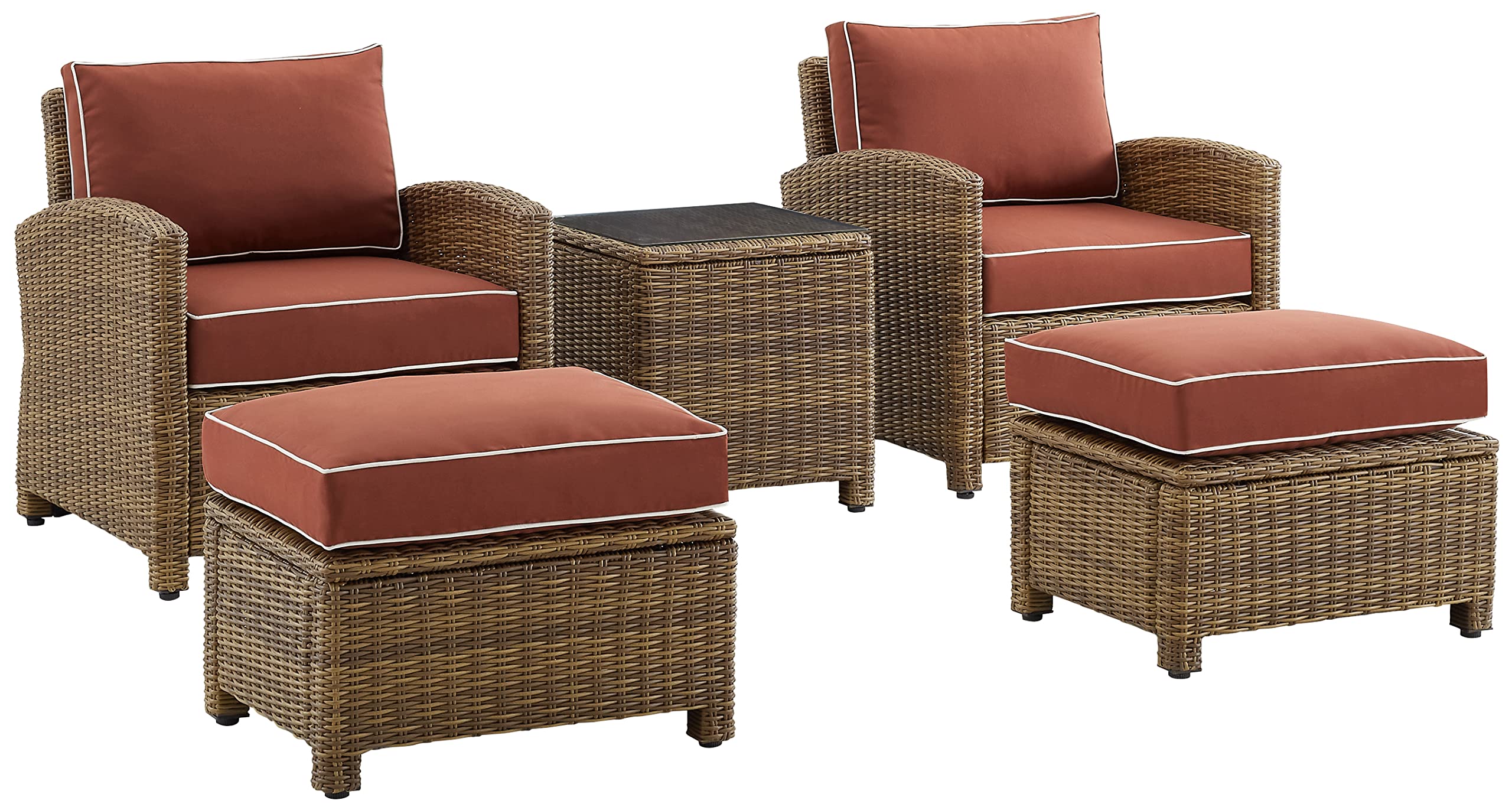 Crosley Furniture Bradenton 5-Piece Outdoor Chair Patio Furniture Set, Wicker Conversation Sets for Porch, Weathered Brown with Sangria Cushions