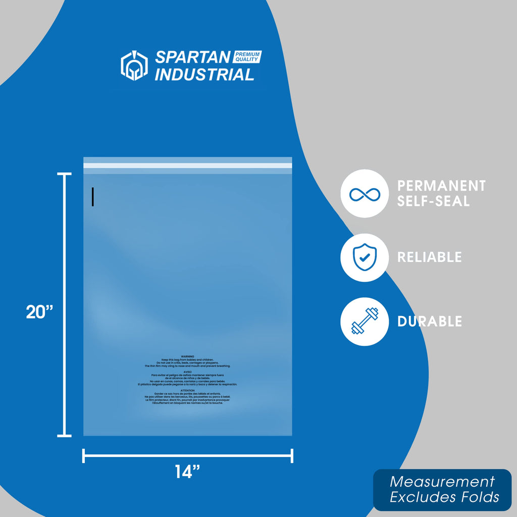 Spartan Industrial - 14    X 20    (200 Count) Self Seal Clear Poly Bags With Suffocation Warning For Packaging, Clothes - Perma