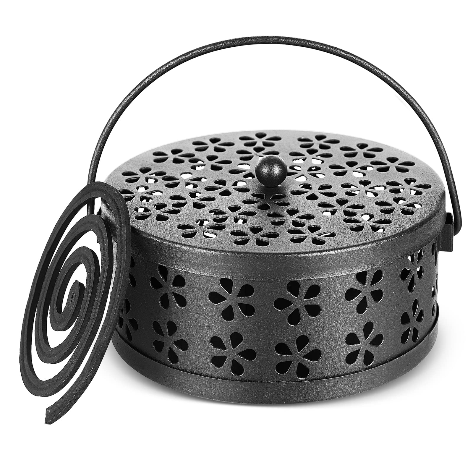 Whiidoom Retro Portable Iron Mosquito Coil Holder with Handle Round Fireproof Incense Holder (Black)