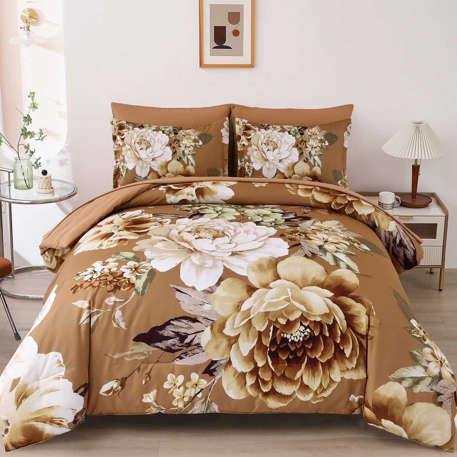 Dintszyayue King Comforter Set Brown 7 Picecs Floral Bedding Set,Complete Bed In A Bad Elegant Flower Lightweight Bed Comforter