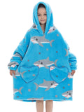 Wearable Blanket Hoodie For Kids Toddler Oversized Sweatshirt Cute Fleece Sherpa Blanket Girls Boys Blue Shark 6-10 Year