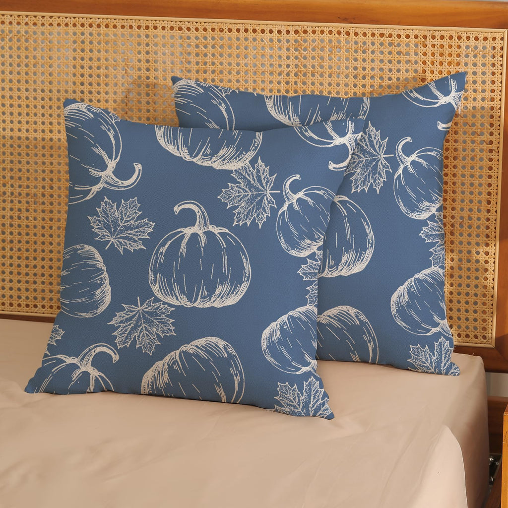 Fall Pillow Covers 18X18 Navy Blue Cream Pumpkin Decor Throw Pillows Case For Couch Maple Leaves Autumn Harvest Thanksgiving Far