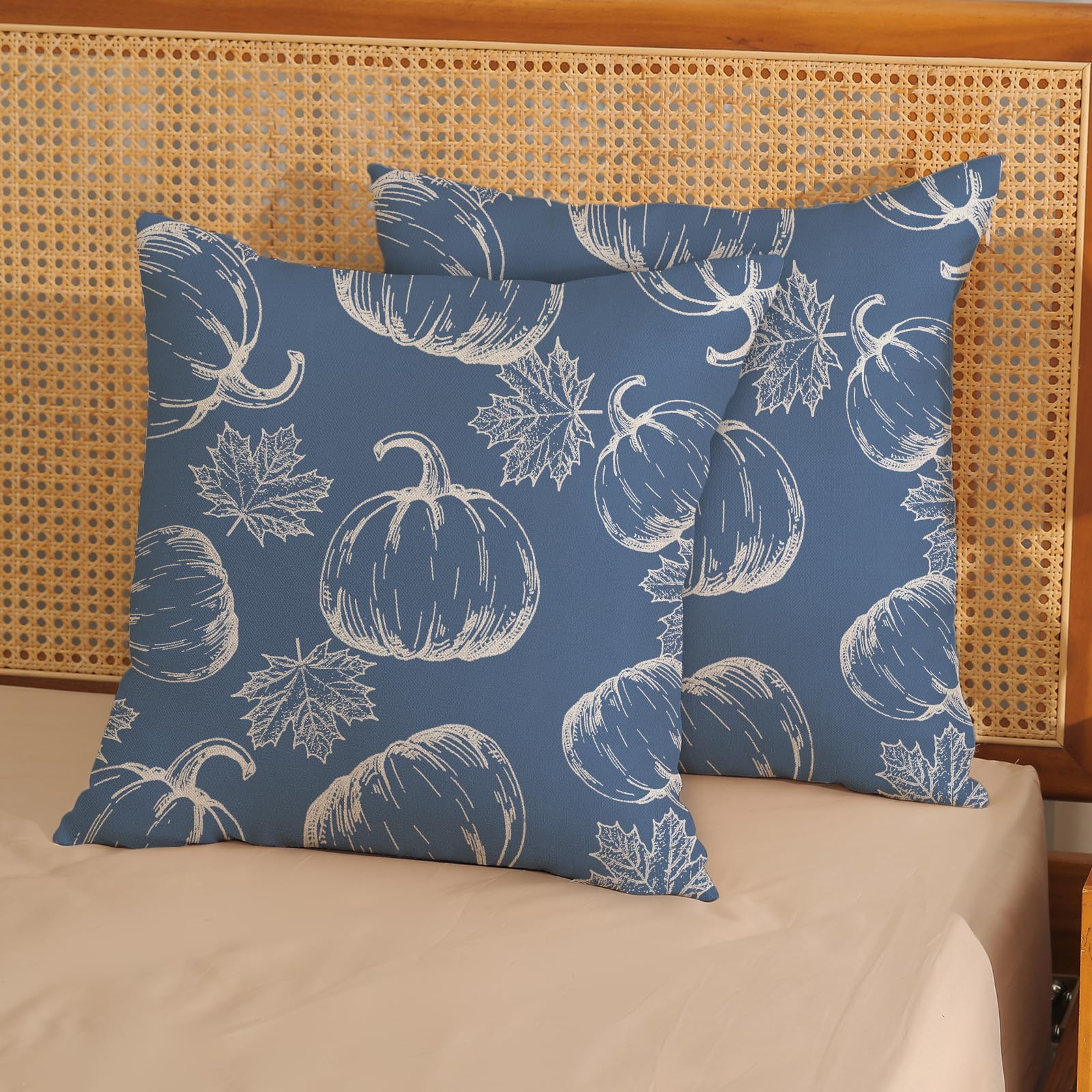 Fall Pillow Covers 18X18 Navy Blue Cream Pumpkin Decor Throw Pillows Case For Couch Maple Leaves Autumn Harvest Thanksgiving Far
