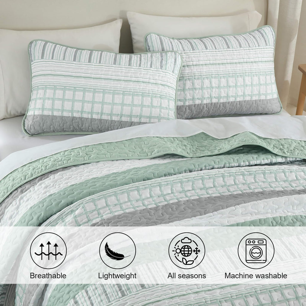 Djy Striped Quilt Set King Size, Sage Green Boho Bedspread Set 3 Pieces Patchwork Coverlet Bedding Set Lightweight Soft Microfib