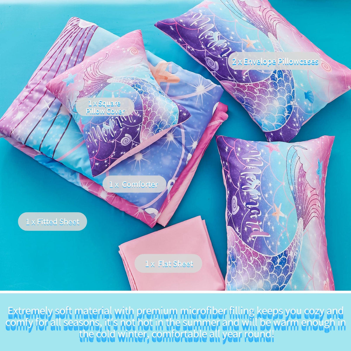 Rynghipy Mermaid Comforter Set 6Pcs, Kids Gilrs Bed In A Bag Twin Size, Mermaid Tail Print Teens Girls Bedding Set, Rainbow Bedd