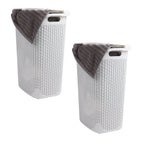 Mind Reader 60L Slim Laundry Hamper, Clothes Basket, Lid, Wicker Style, Plastic, 17.65''L x 13.75''W x 24.15''H, Set of 2, White