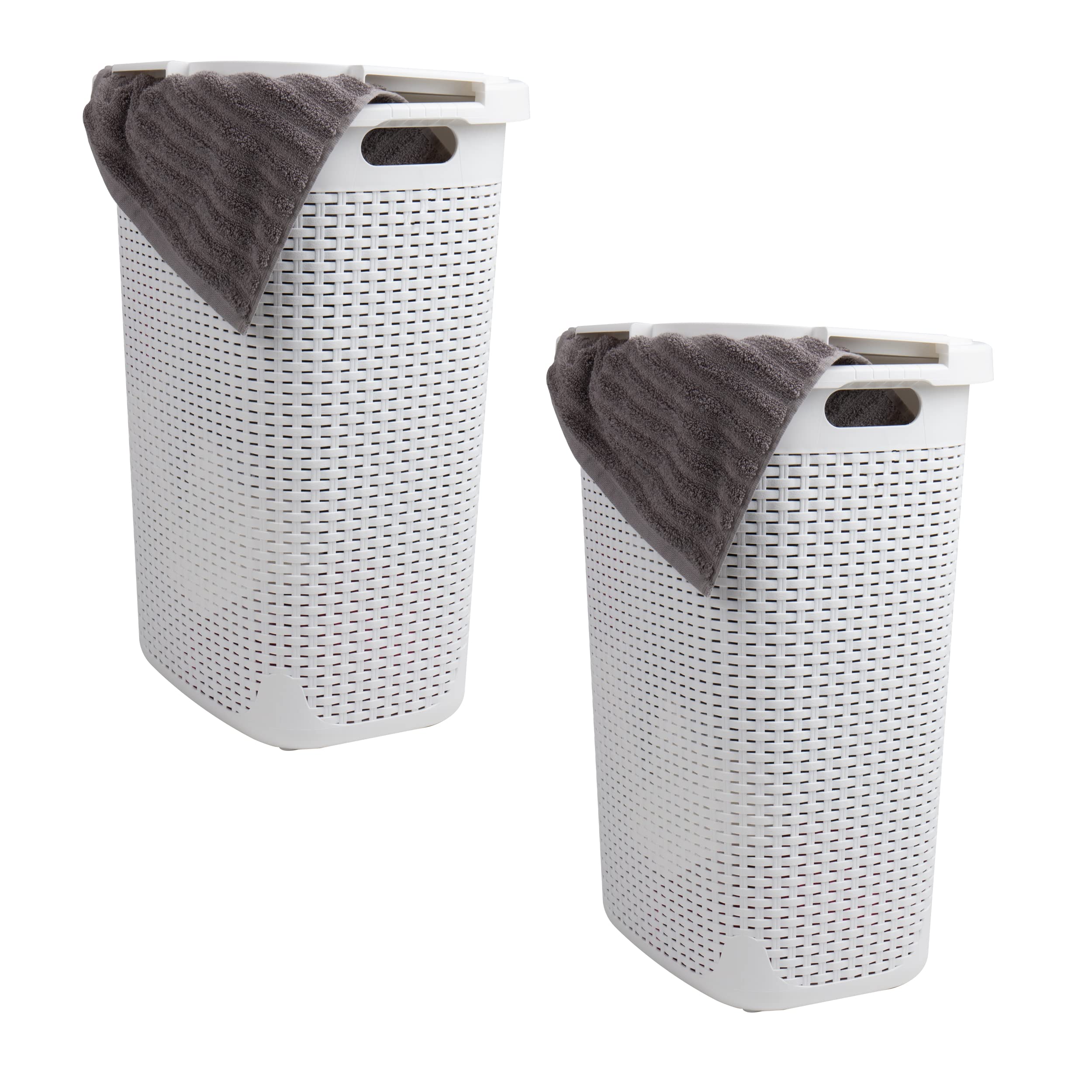 Mind Reader 60L Slim Laundry Hamper, Clothes Basket, Lid, Wicker Style, Plastic, 17.65''L x 13.75''W x 24.15''H, Set of 2, White