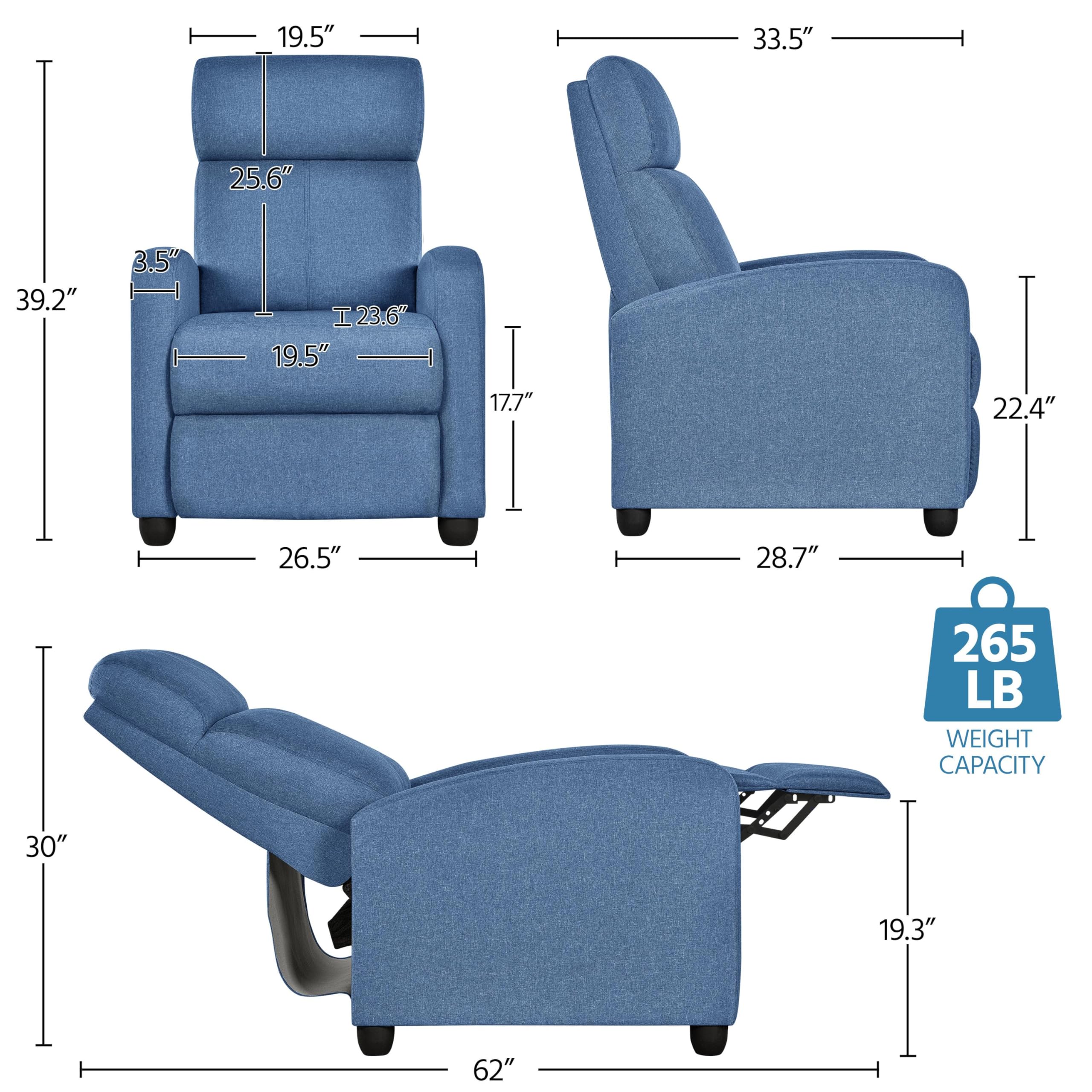 Yaheetech Fabric Recliner Chair Sofa Ergonomic Adjustable Single Sofa With Thicker Seat Cushion Modern Home Theater Seating For Living Room Light Blue