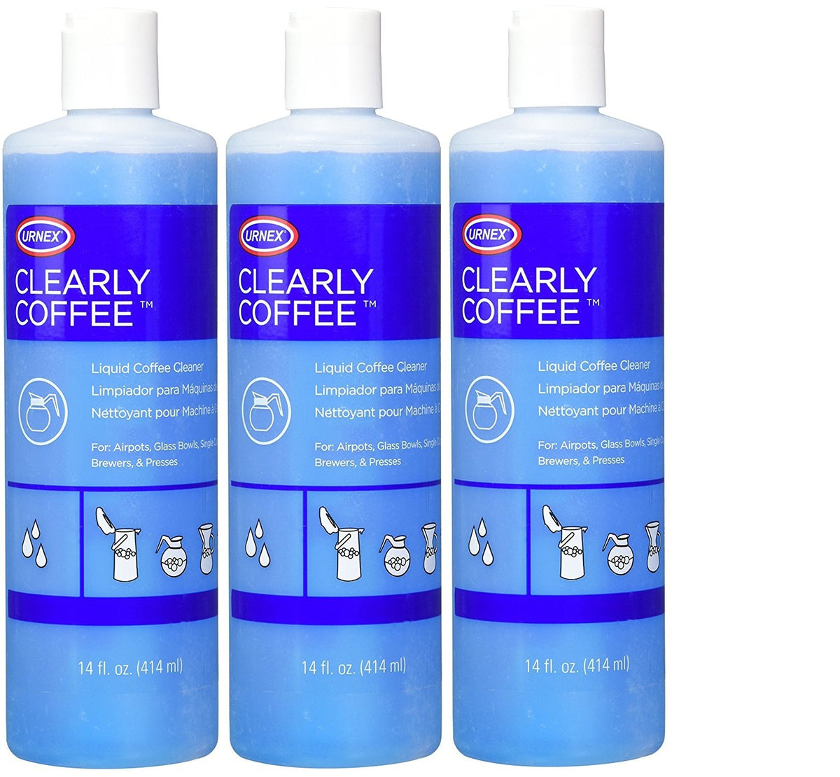 Urnex Clearly Coffee Pot Cleaner - 3 Pack - Made in the USA - French Press Liquid Cleaner for Glass Bowls Airpots Satellite Brew