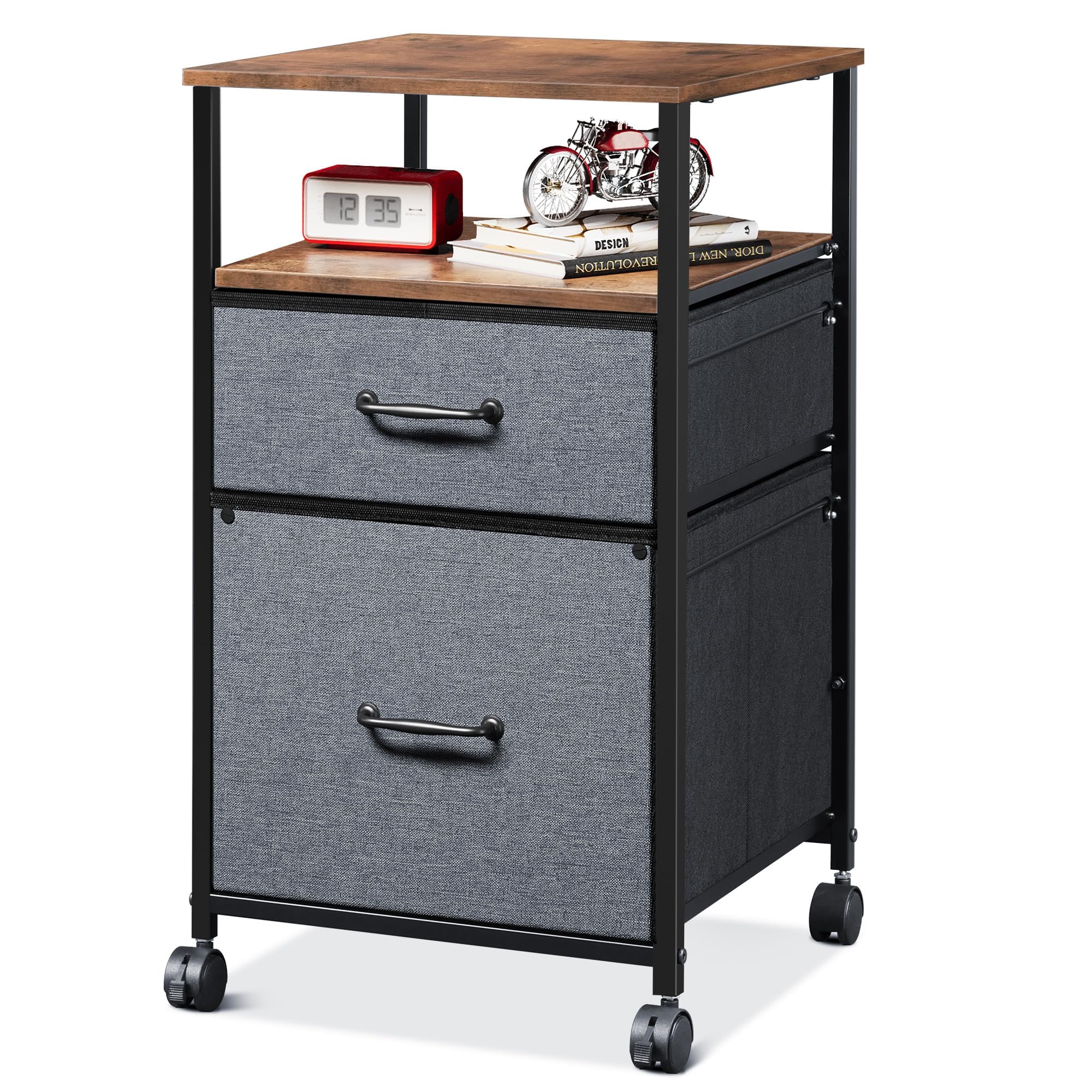 DEVAISE 2 Drawer Mobile File Cabinet, Rolling Printer Stand with Open Storage Shelf, Fabric Vertical Filing Cabinet fits A4 or L