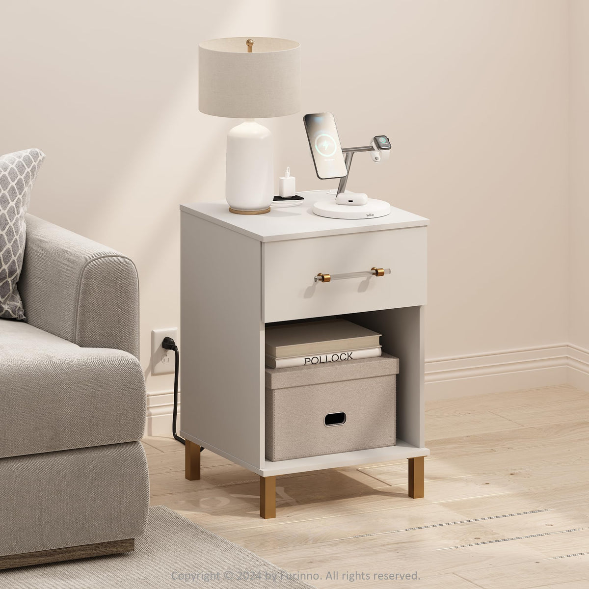Furinno Tidur End Table, Side Table with USB and Type-C Charging Station, White