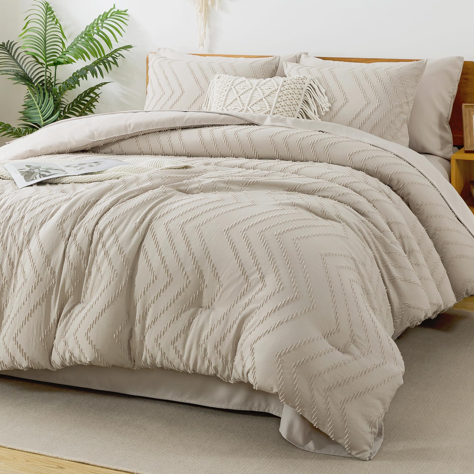 Litanika Comforter Full Size Set With Sheets Beige - 7 Pieces Bed In A Bag Full Chevron Tufted Complete Beddding Sets With Comfo