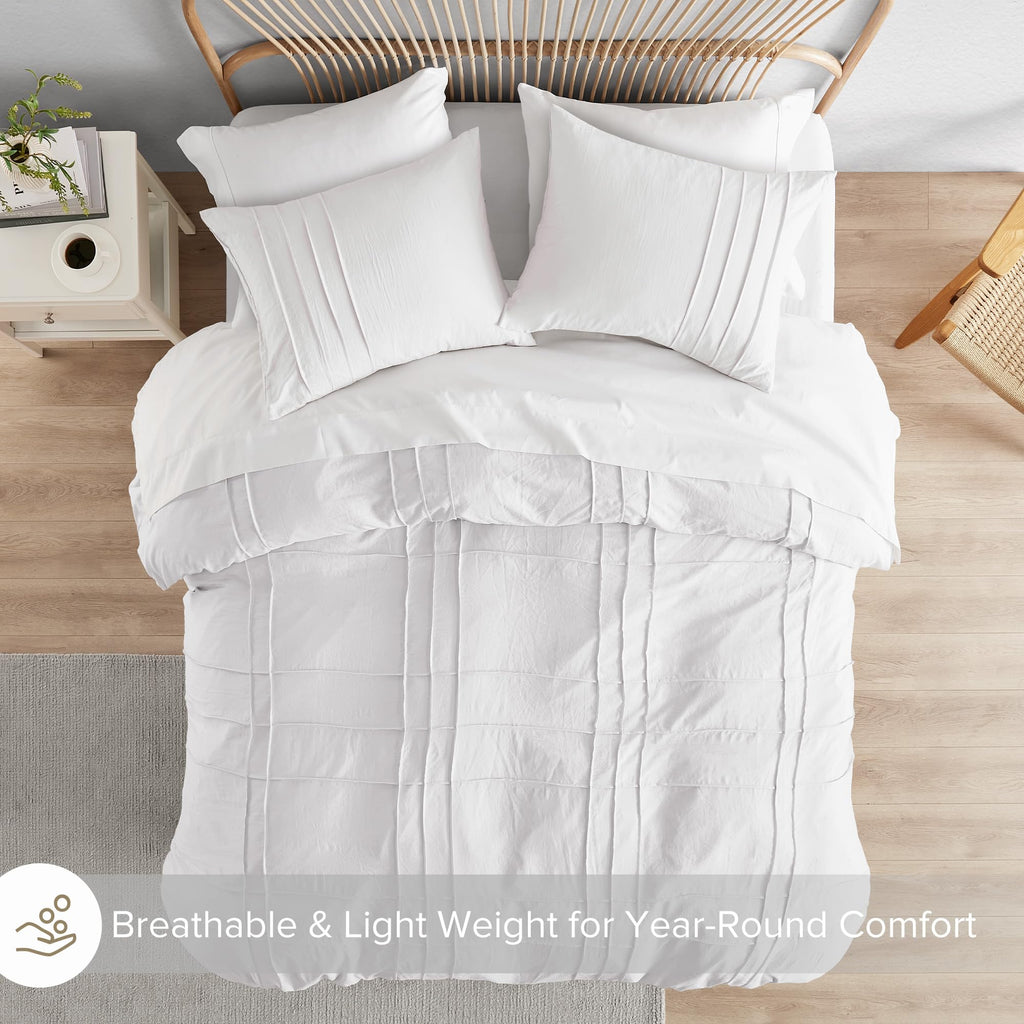 Comfort Spaces White King Size Duvet Cover Set - 3 Pieces Pintuck Pleated Duvet Cover King, All Season Lightweight, Extra Softness Pre-Washed Microfiber King Bedding Cover Shams, King/Cal King