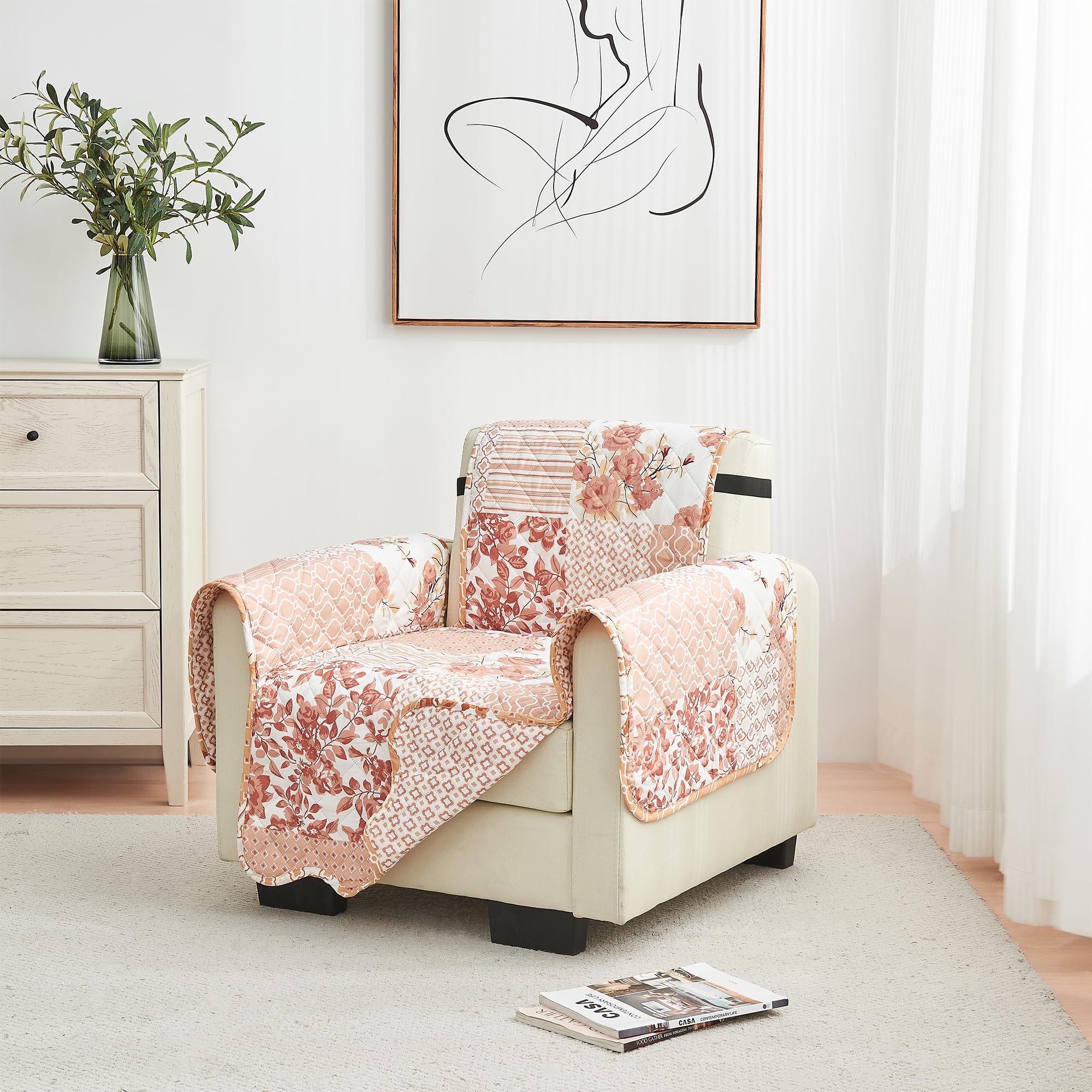 Great Bay Home Reversible Patchwork Chair Cover - Washable Slipcover Furniture Protector With Elastic Straps - Chair Cover For Dogs, Kids, And Pets - Box-Stitched Detail (Chair, Dusty Rose)