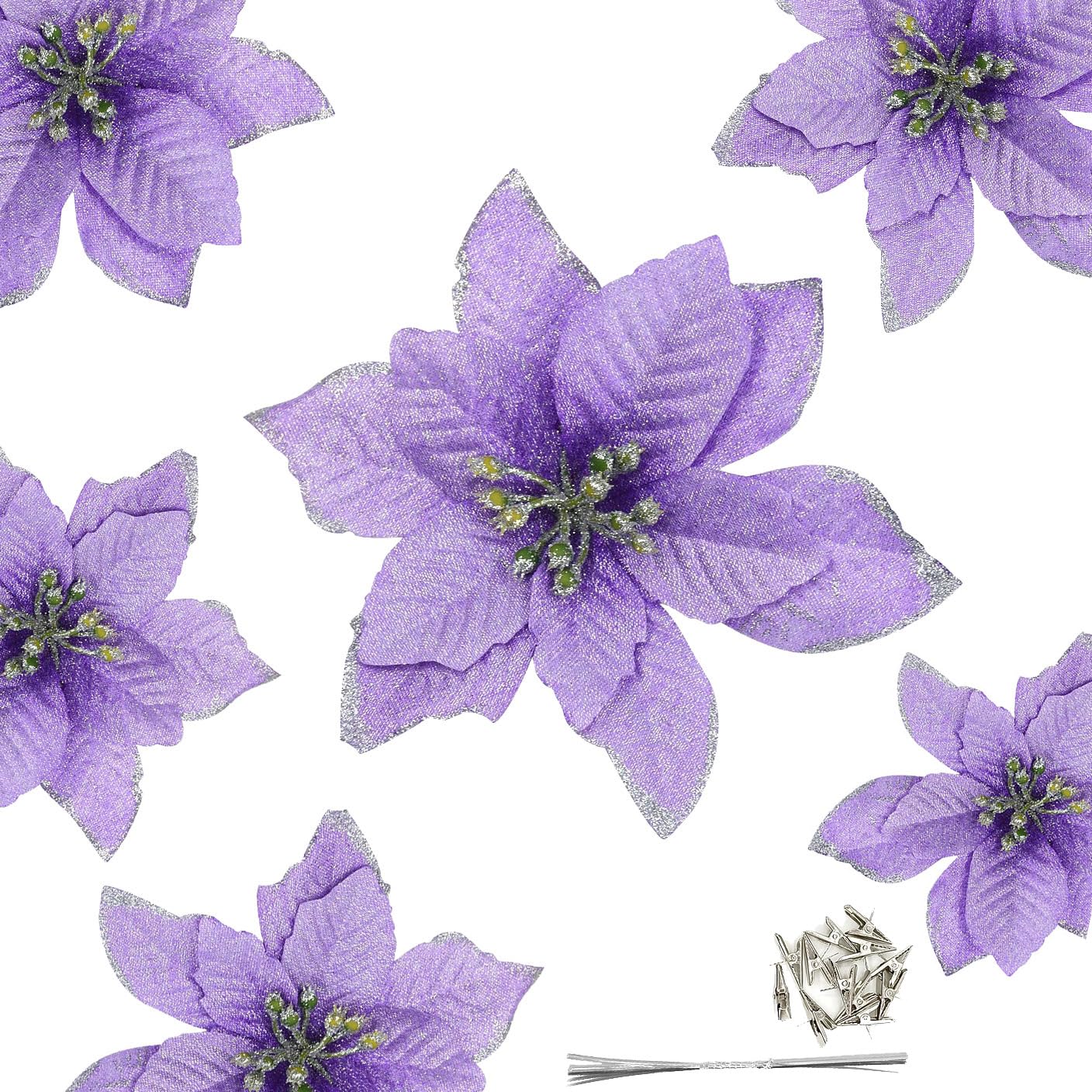 12Pcs 5 Inch Glitter Artificial Poinsettia Flowers with Ties for Wedding Christmas Festival Holiday Decor Xmas Wreath Garland Or