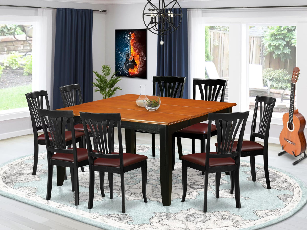 East West Furniture PFAV9-BCH-LC 9 Piece Dining Table Set Includes a Square Dinner Table with Butterfly Leaf and 8 Faux Leather Dining Room Chairs, 54x54 Inch, Black & Cherry