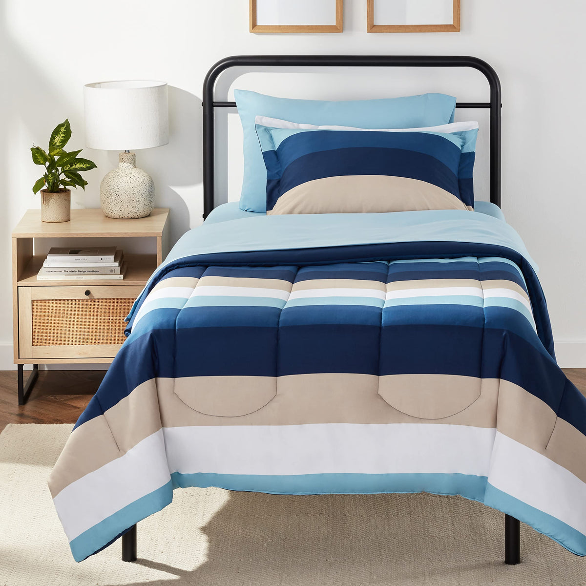 Amazon Basics Twin XL Comforter Set with Sheets, 5-Piece Blue Stripe Bedding, Lightweight Microfiber Bed-in-a-Bag