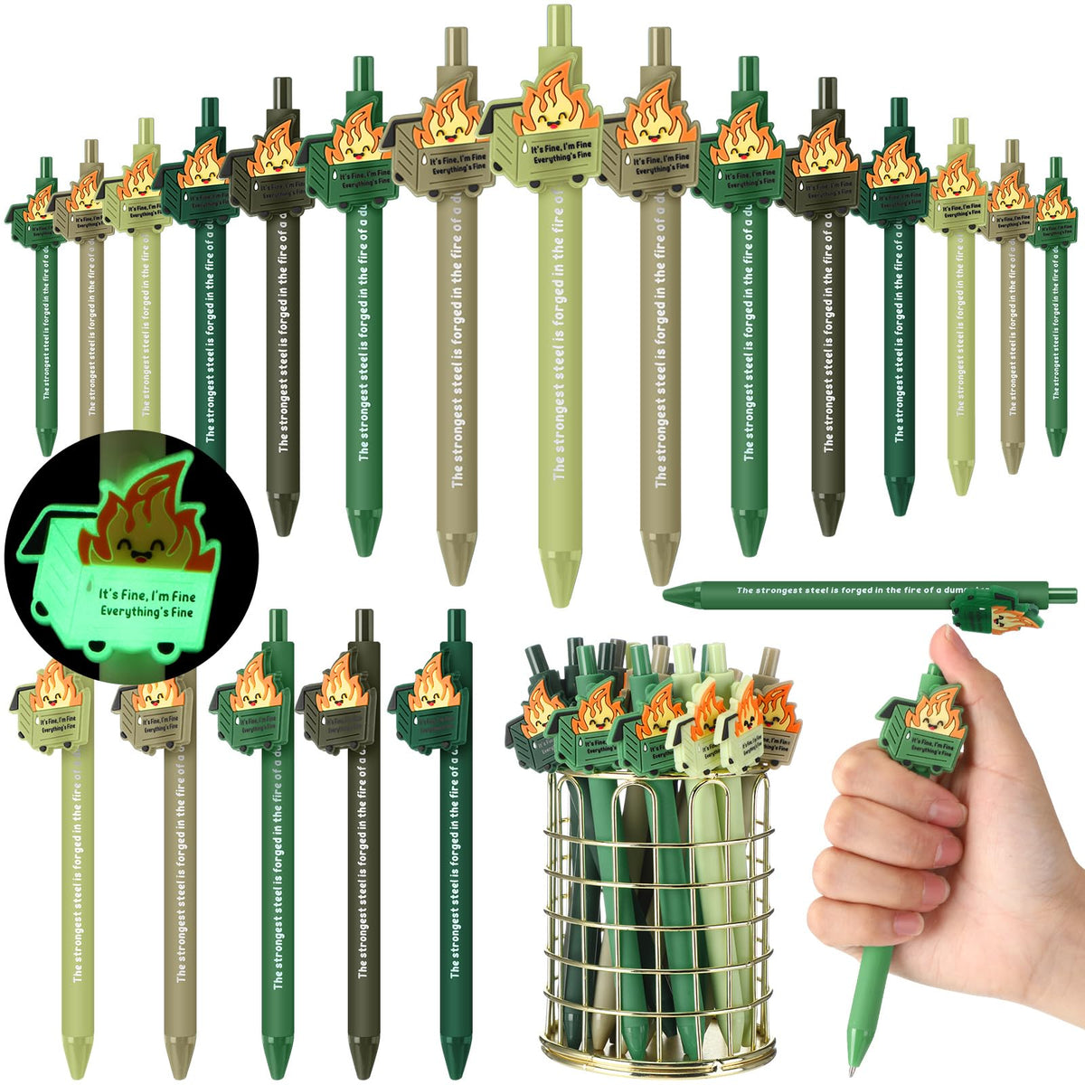 Sayglossy 20 Pcs Dumpster Fire Pen Gift Funny Luminous Dumpster Fire Ballpoint Pen with Saying Emotional Staff Appreciation Supp