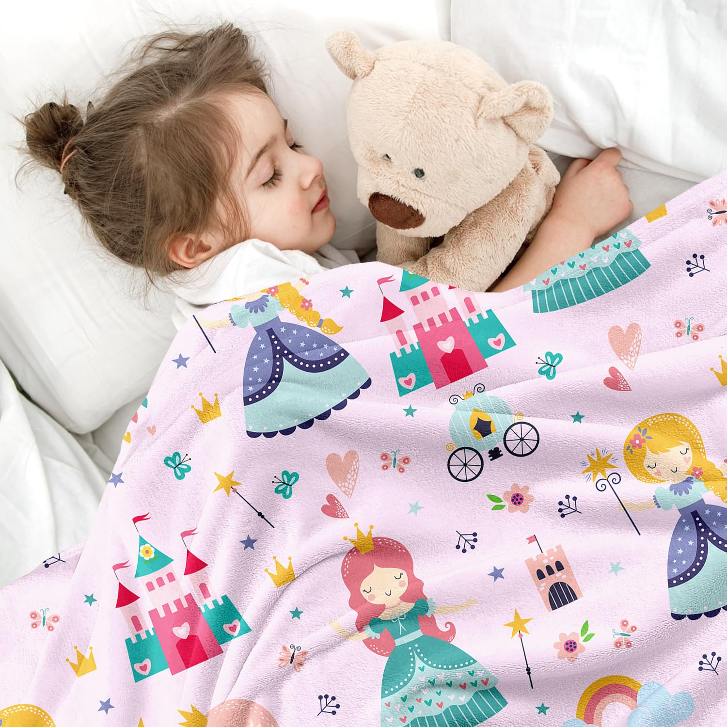 Wajade Kids Pink Princess Blanket For Girls Soft Fleece Kids Blanket For Couch Sofa Bedroom Princess Fairy Tales Castle Throw Bl