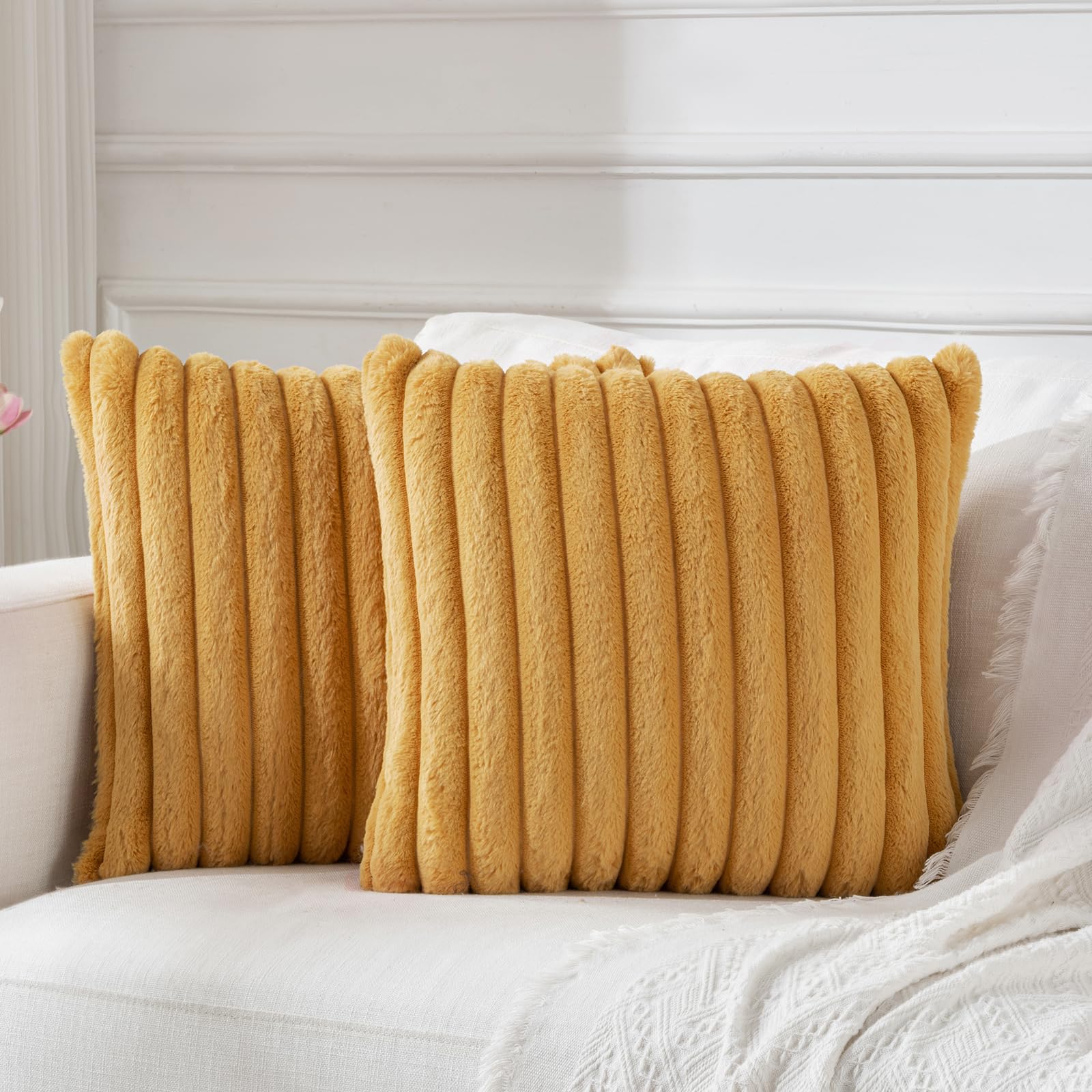 BBiggood Mustard Yellow Throw Pillow Covers 18x18 Set of 2, Soft Cozy Velvet Striped Decorative Cushion Covers Faux Rabbit Fur P