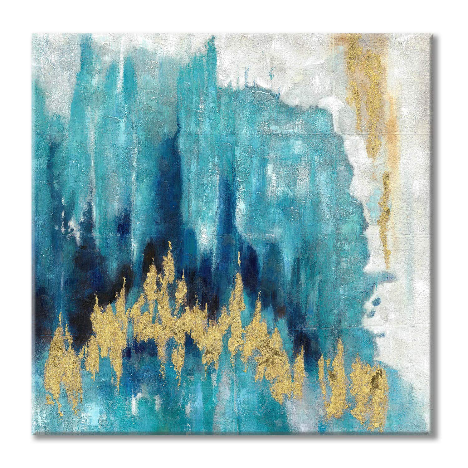 UTOP-art Abstract Picture Artwork Blue Painting: Hand Painted Gold Foils Wall Art on Canvas for Living Room (24 x 24 x 1 Pan