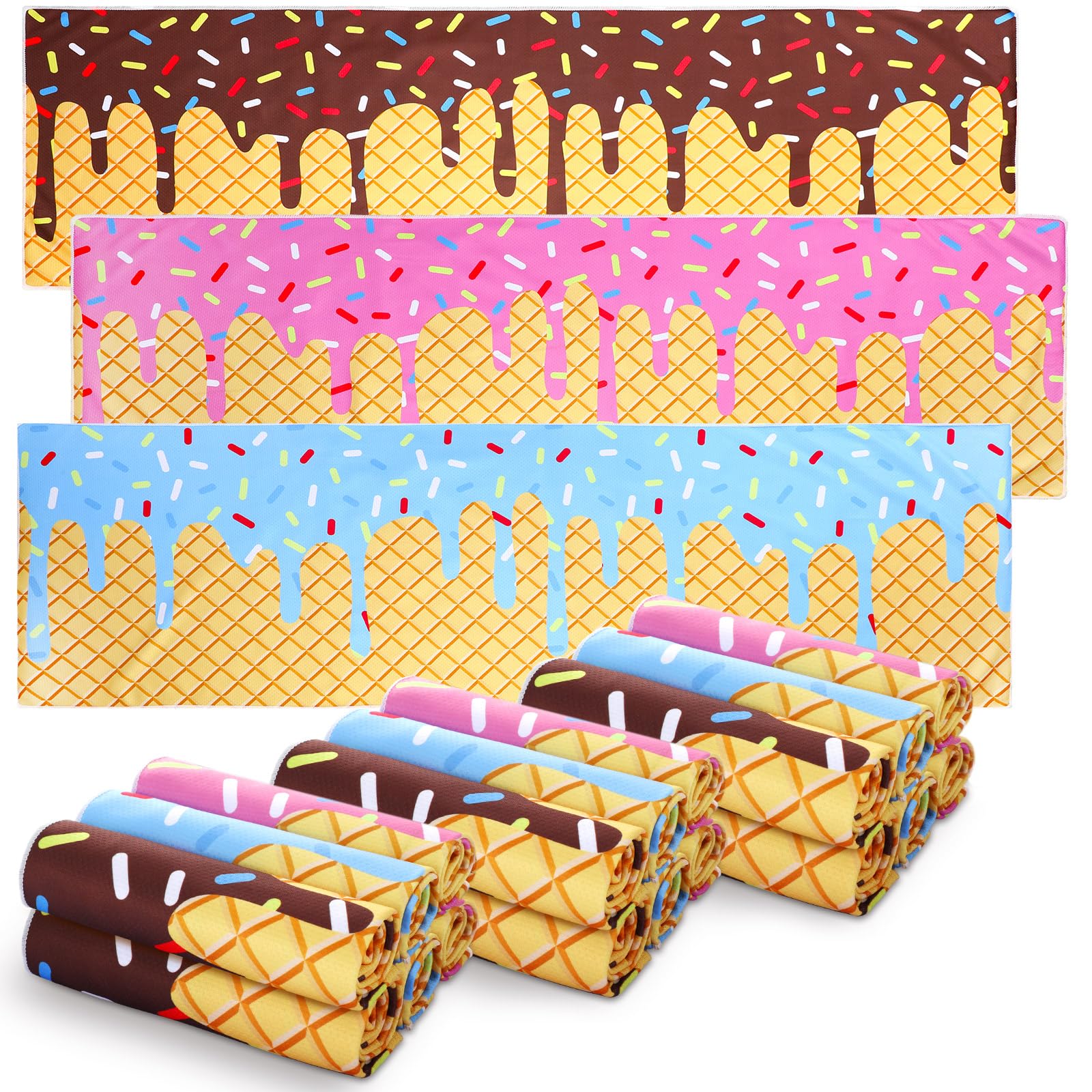 Breling 18 Pcs Ice Cream Drip Baseball Cooling Towel 40 x 12 Inch Ice Cream Cooling Towel Breathable Chilly Sport Rags Absorbent