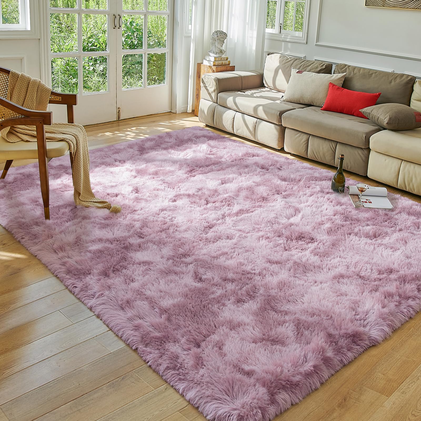 Softlife Area Rug for Bedroom, 4x6 Feet Plush Fluffy Rug for Living Room, Tie-Dyed Pink Purple Shag Rug for Aesthetic Christmas 