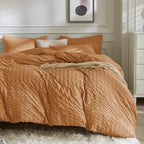Jellymoni Rust Duvet Cover Queen Size, 3Pcs Washed Microfiber Bedding Set, Soft Breathable Seersucker Duvet Cover Set With Zippe