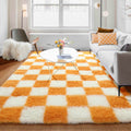 KICMOR Soft Fluffy 5x8 Orange and Cream White Rugs Living Room Carpets, Large Fuzzy Checkered Shag Area Rug Big Carpet for Bedro