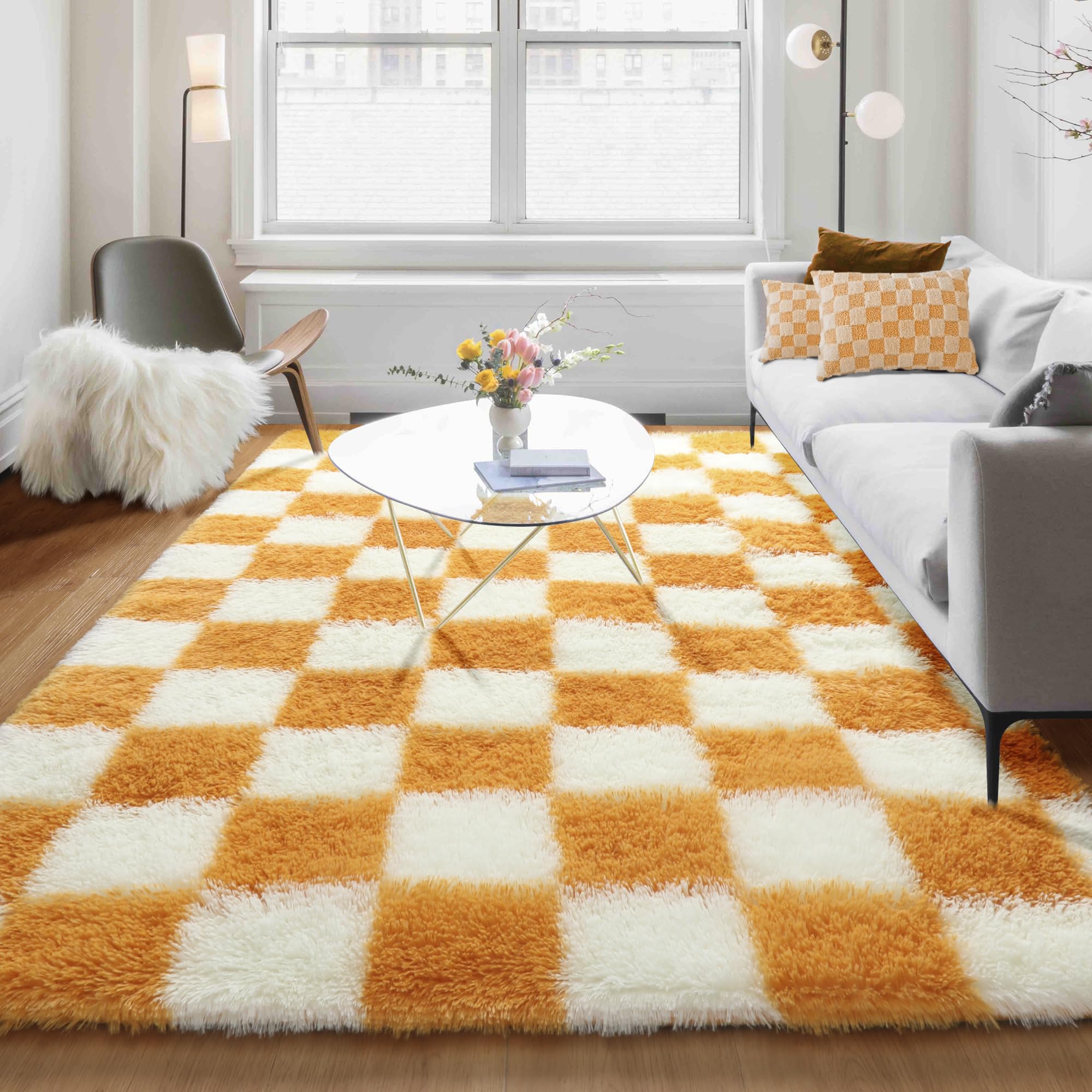 KICMOR Soft Fluffy 5x8 Orange and Cream White Rugs Living Room Carpets, Large Fuzzy Checkered Shag Area Rug Big Carpet for Bedro
