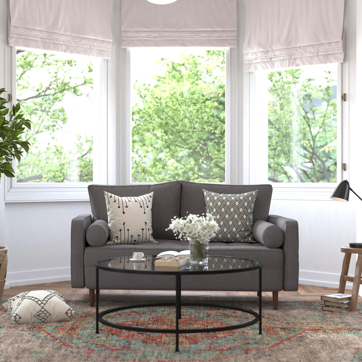 Flash Furniture Hudson Mid-Century Modern Loveseat - Dark Gray Faux Linen Upholstery - Buttonless Tufting - Wood Legs