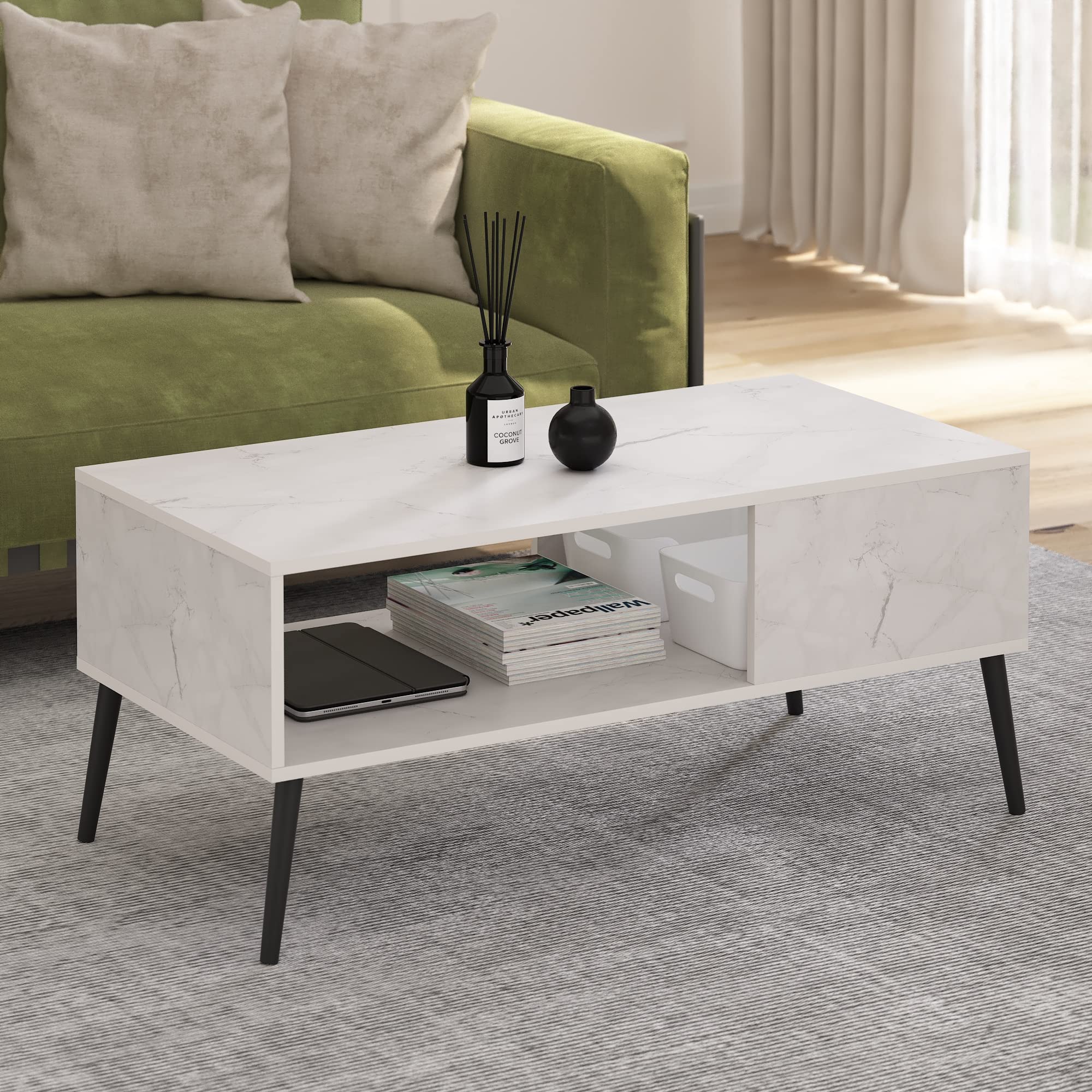 Furinno Claude Mid Century Style Coffee Table With Wood Legs, Marble White