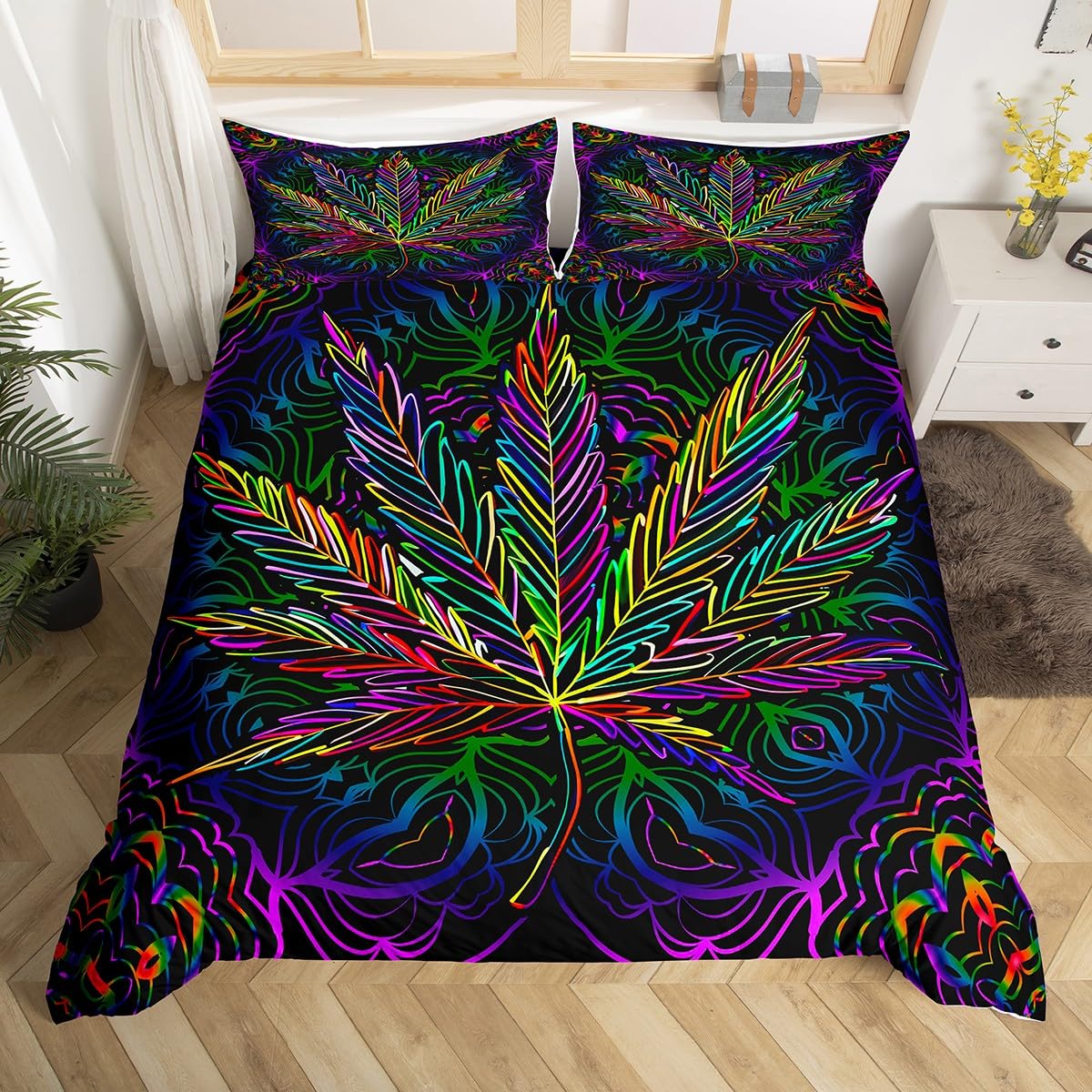 Feelyou Marijuana Leaf Bedding Set For Men Adults Cannabis Leaves Comforter Cover Marijuana Weed Leaf Print Duvet Cover Room Dec