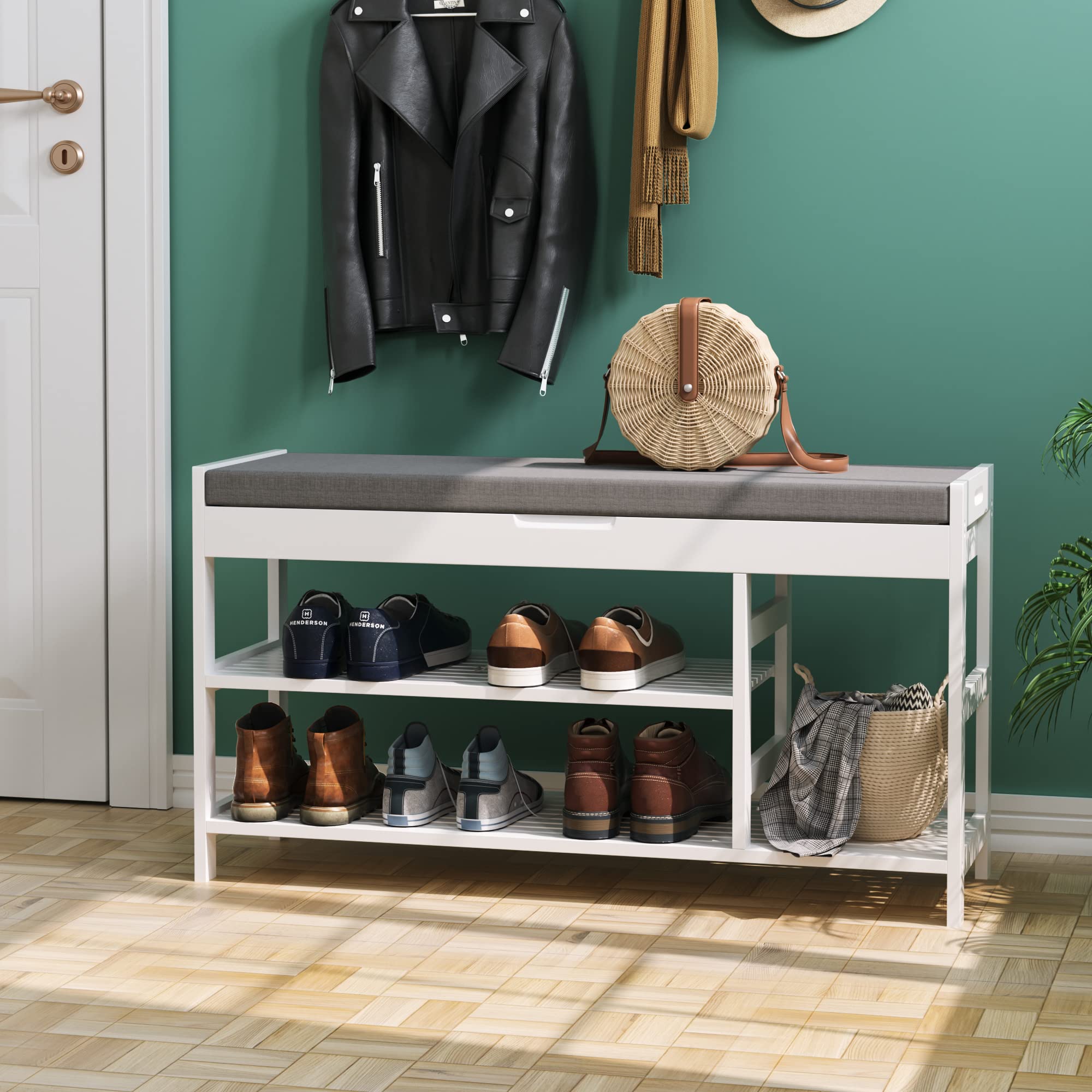 HIFIT Bamboo Shoe Bench Rack with Storage, Entryway Storage Bench with Padded Seat, Shoe Oiganizer Shelf for Entryway Mudroom Ba