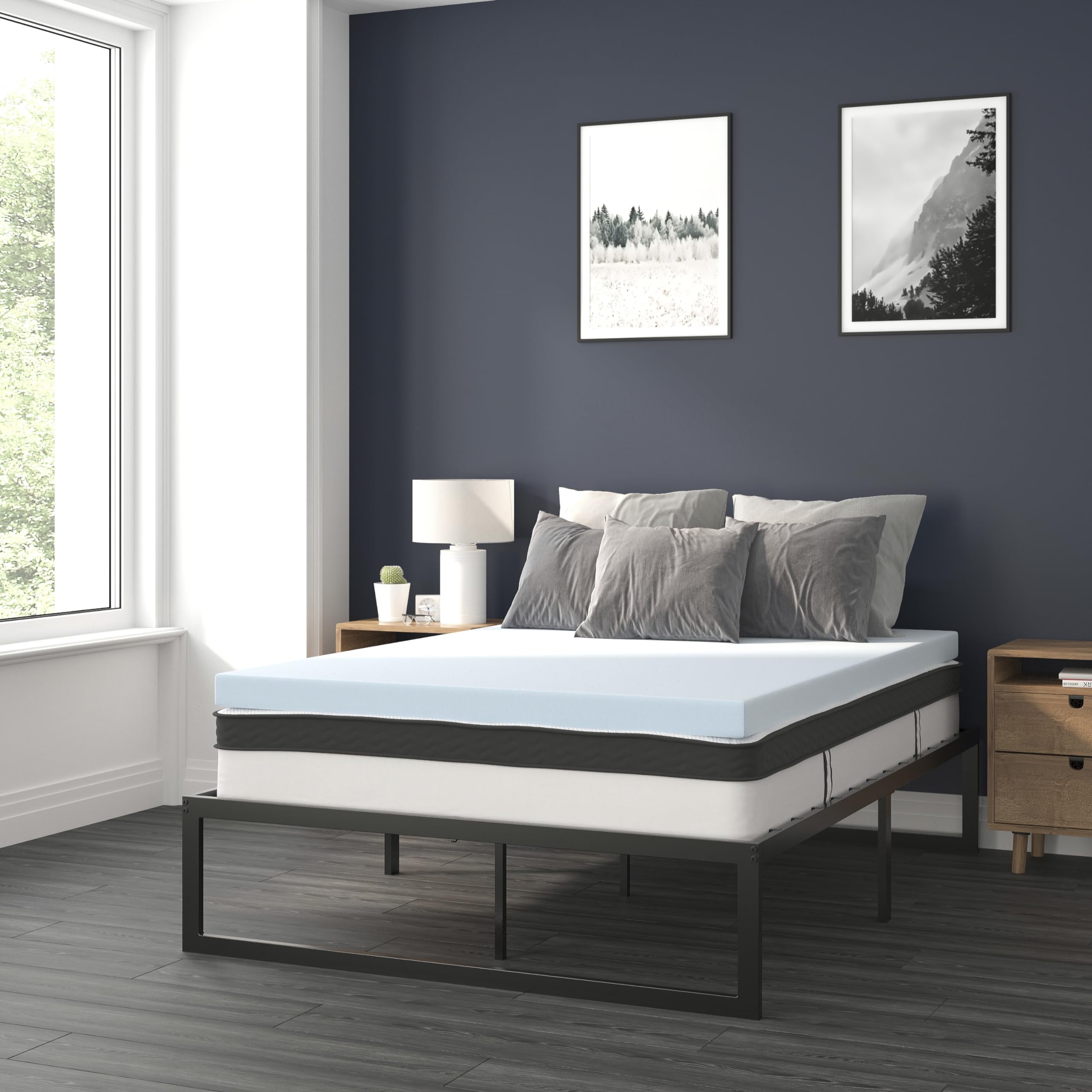 Flash Furniture 14 Inch Metal Platform Bed Frame with 10 Inch Pocket Spring Mattress in a Box and 3 inch Cool Gel Memory Foam To