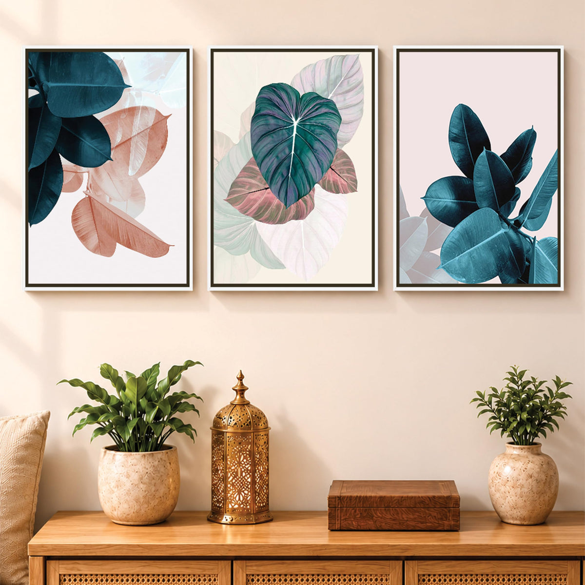 Paintingmantra Floral Theme Set Of 3 Framed Canvas Painting Painting For Home Decor Size23X17 Inches(Dark Blue Leafs)