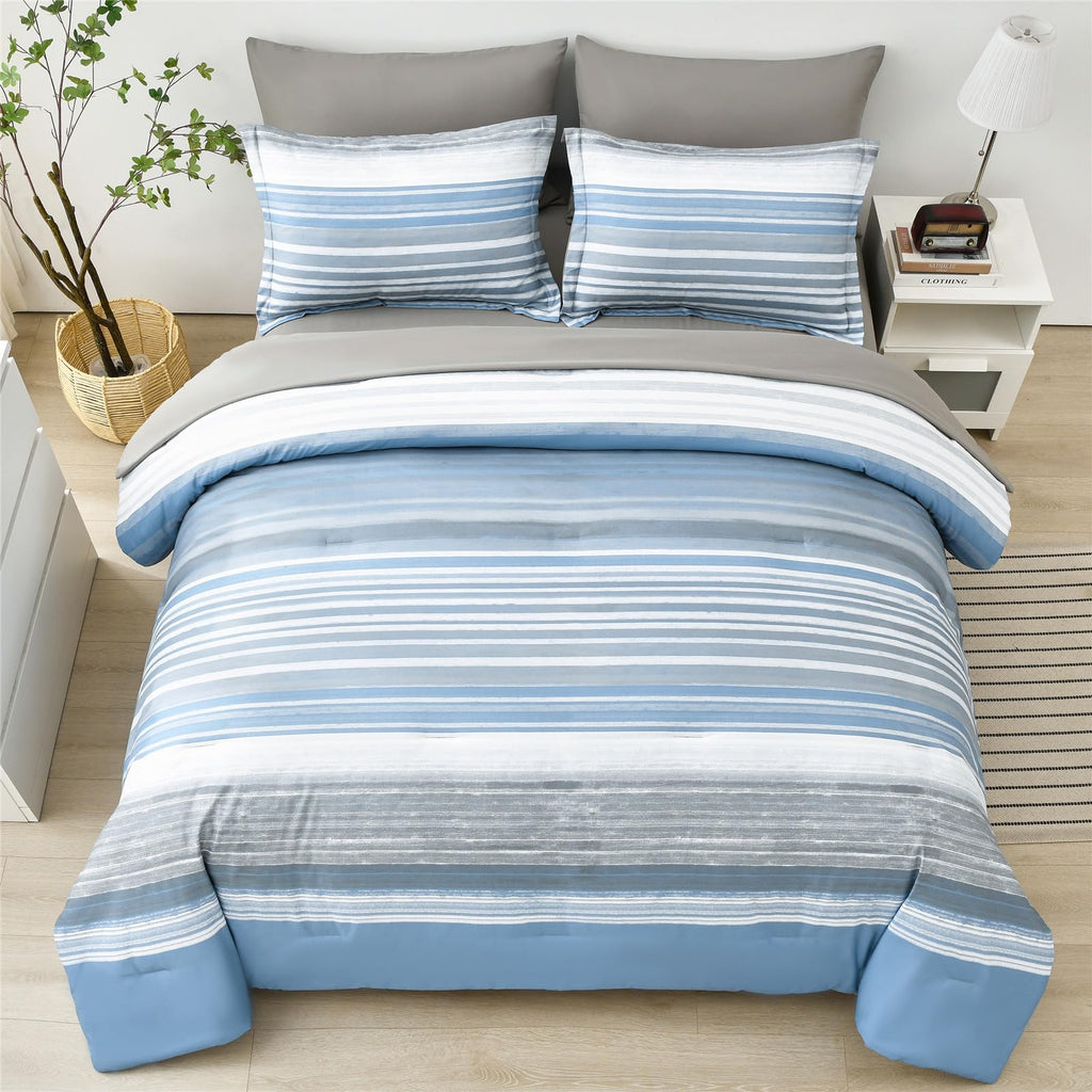 Kakijumn 7 Piece Bed In A Bag Stripe Comforter Set Queen Size, White Grey Blue Patchwork Striped Comforter And Sheet Set, All Se