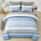 Kakijumn 7 Piece Bed In A Bag Stripe Comforter Set Queen Size, White Grey Blue Patchwork Striped Comforter And Sheet Set, All Se