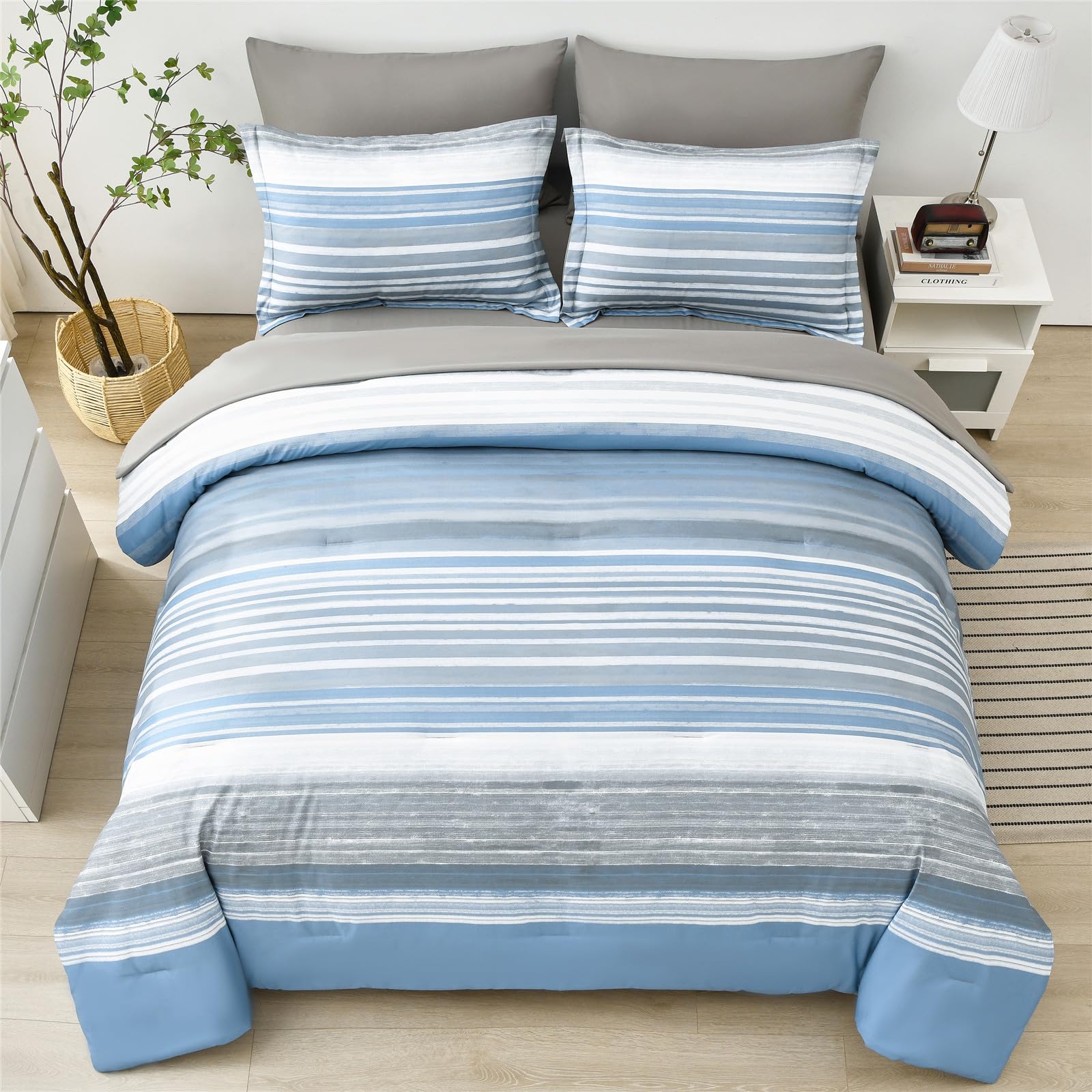 Kakijumn 7 Piece Bed In A Bag Stripe Comforter Set Queen Size, White Grey Blue Patchwork Striped Comforter And Sheet Set, All Se