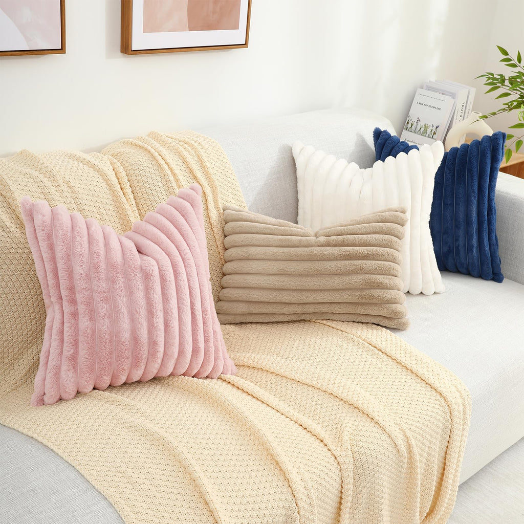 Decoruhome Faux Fur Throw Pillow Covers 12X20 Set Of 2, Decorative Soft Plush Striped Lumbar Couch Pillow Covers With Velvet Back For Sofa, Bed, Living Room, Khaki