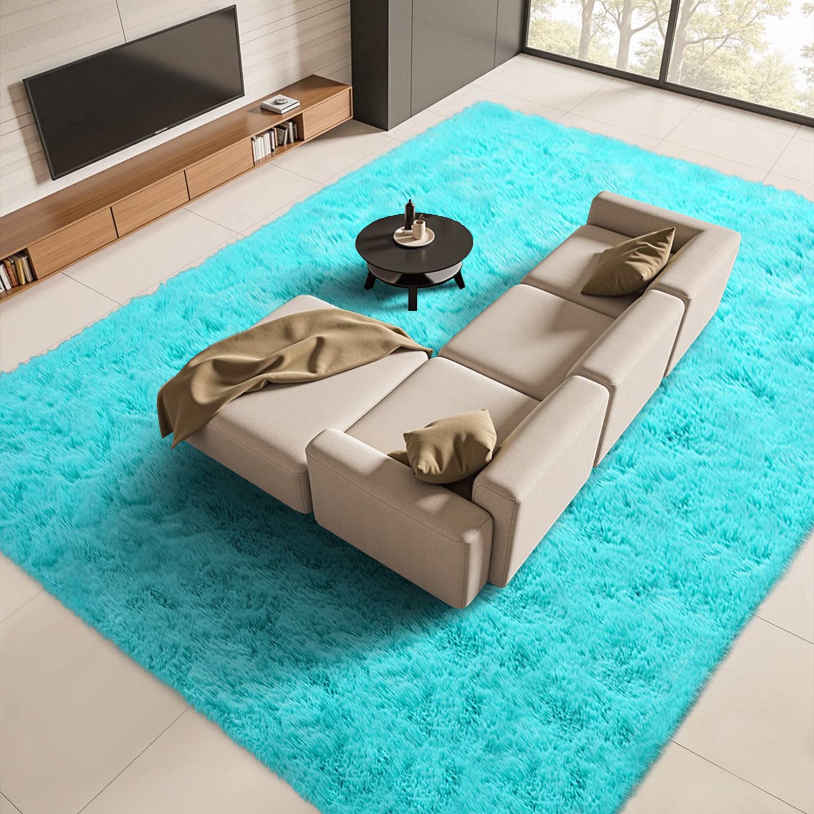 FinRec 9x12 Fluffy Blue Rugs for Living Room Bedroom, Soft Indoor Fuzzy Shaggy Area Rug, Non-Slip Furry Rug for Teen Girls and 