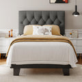 Feonase Twin Platform Bed Frame with Button Tufted Headboard, Upholstered Linen Bed with Wooden Slats Support, No Box Spring Nee