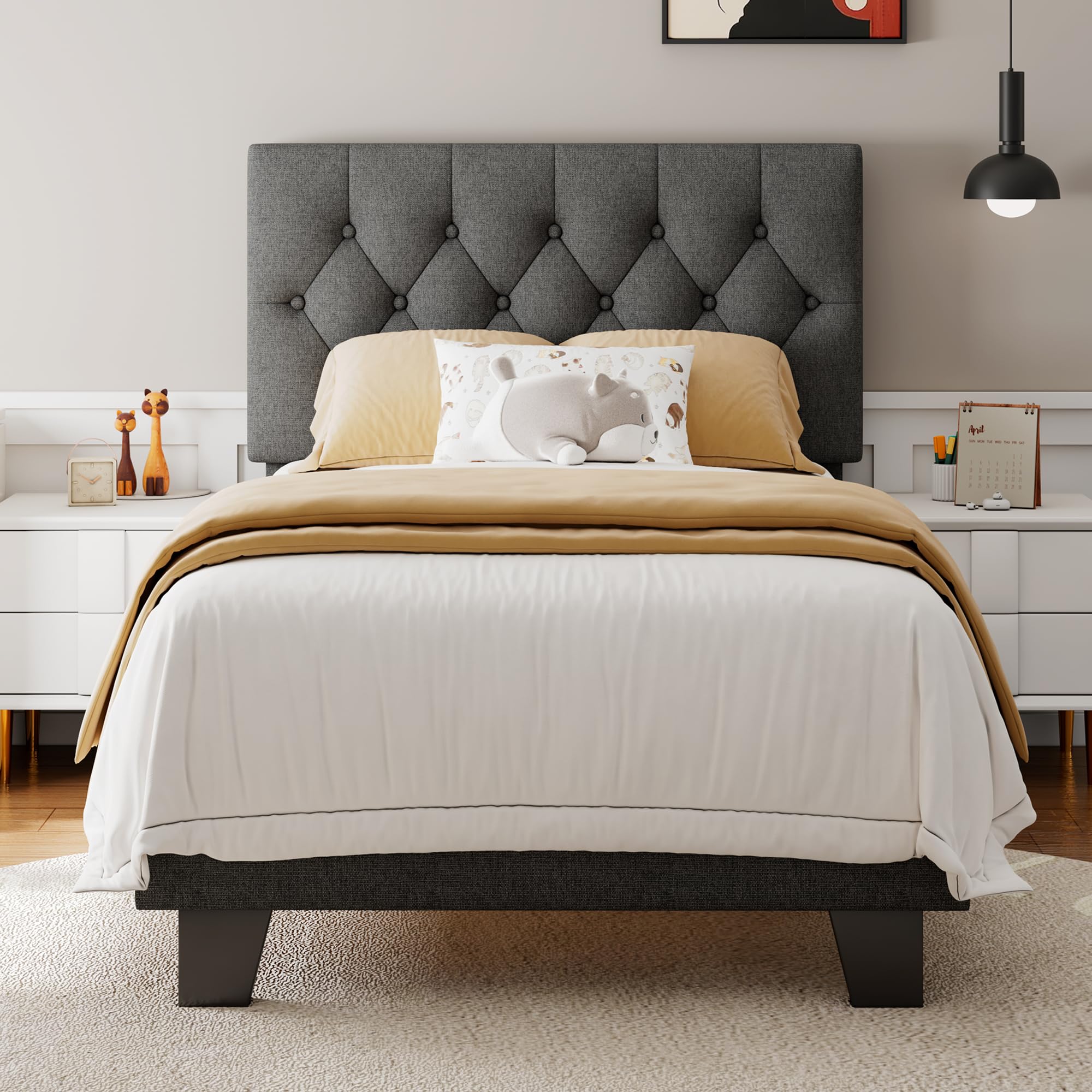 Feonase Twin Platform Bed Frame with Button Tufted Headboard, Upholstered Linen Bed with Wooden Slats Support, No Box Spring Nee