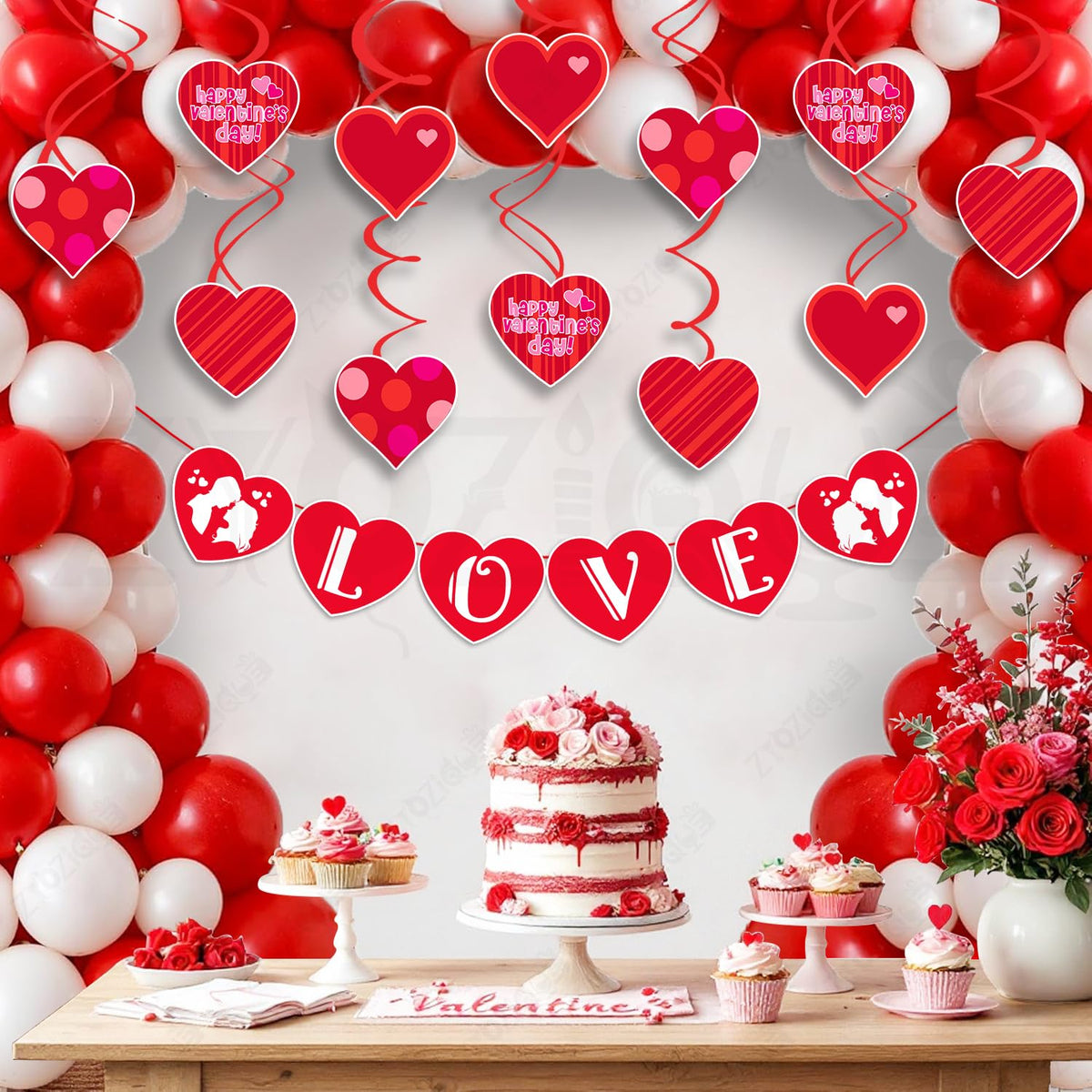 Zyozique Valentines Day Decorations Combo  Love Paper Banner, Balloons & Swirls Hanging for Valentines Day Party Decorations, A