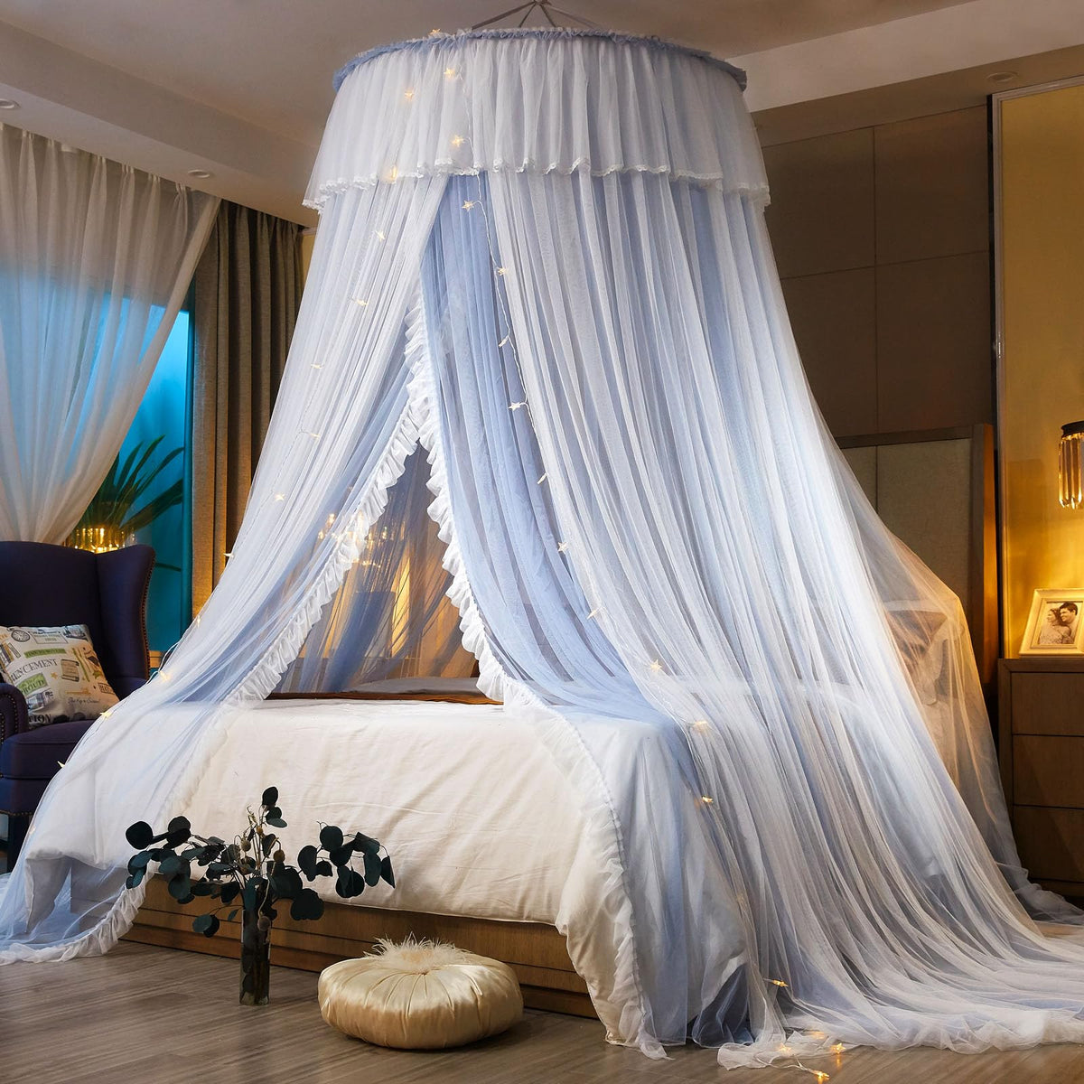 AIKASY Princess Bed Canopy for Girls & Adults, Elegant Double-Layer Bed Curtain, Childrens Dream Round Lace Mosquito Net, Princ
