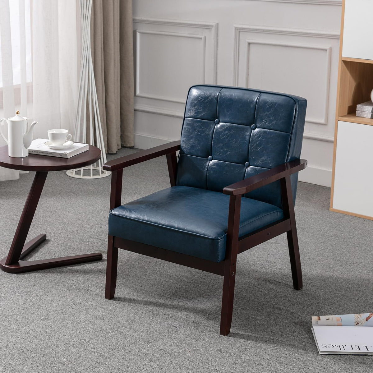 Okeysen Mid Century Modern Accent Chairs, Retro Wood And Leather Armchairs Side Chair, Lounge Reading Comfy Arm Chair For Living