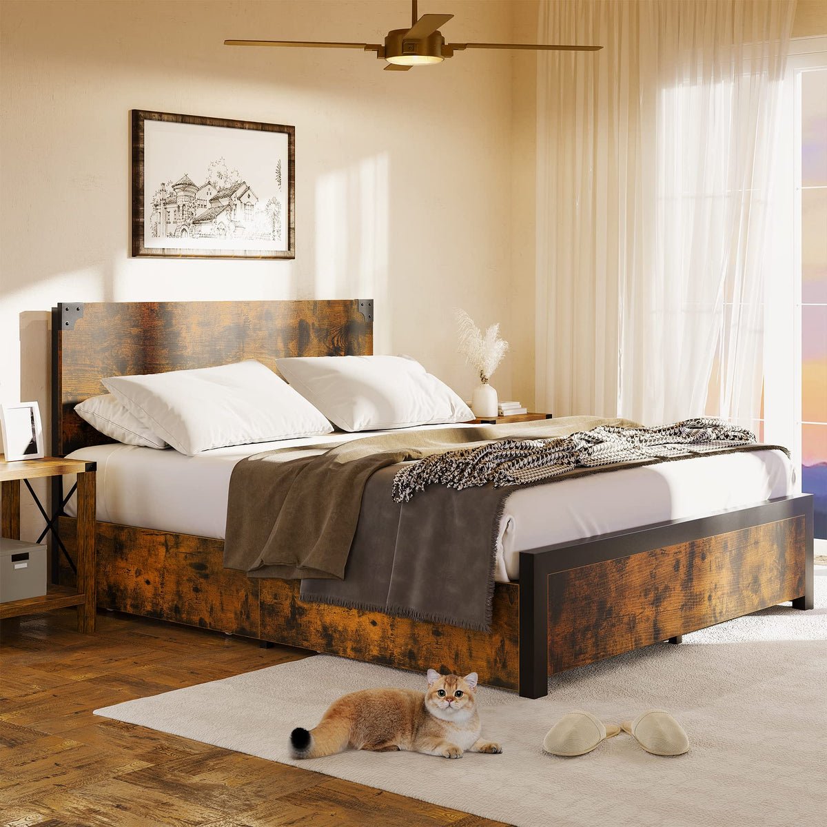 Alkmaar Queen Bed Frame With Storage, Queen Size Bed Frame With 4 Drawers And Headboard, Rustic Vintage Wood And Metal Bed Frame