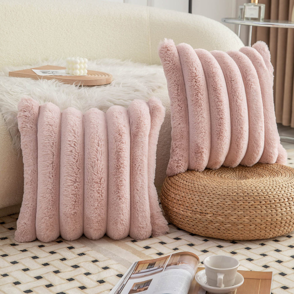 Neelvin Pink Faux Fur Cozy Soft Striped Decorative Throw Pillow Covers 20X20 Inch Set Of 2,Velvet Pillowcase Cushion Case For So